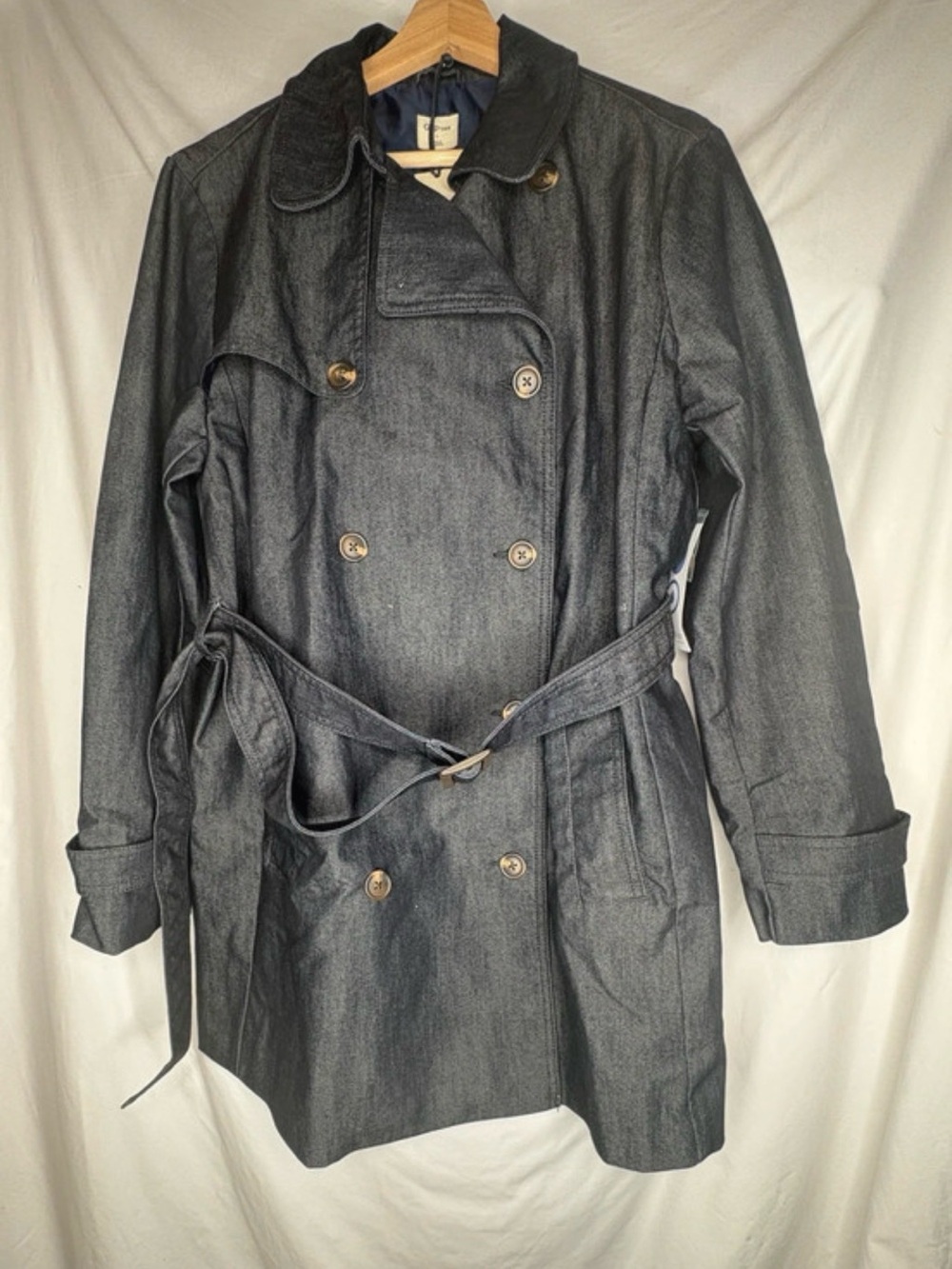 GAP Denim Trench Coat Women's Large Double Breasted Belted Waist Blue Size L